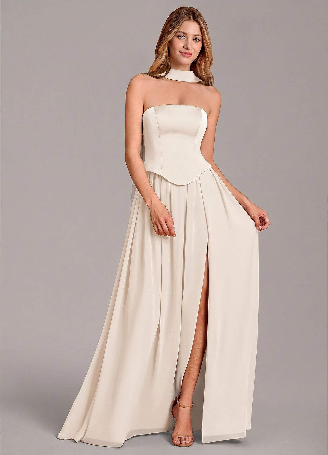 Cadence A-Line Strapless Chiffon and Stretch Satin Bridesmaid Dress in White Alabaster
