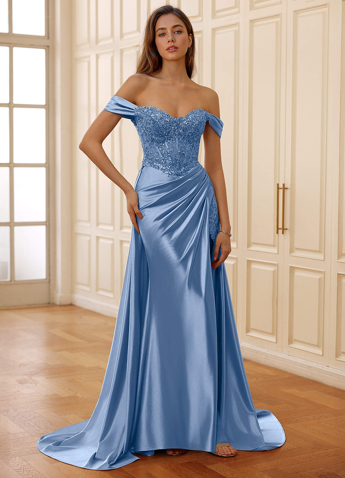Rowane A-Line Off-the-Shoulder Satin Evening Dress in Plum