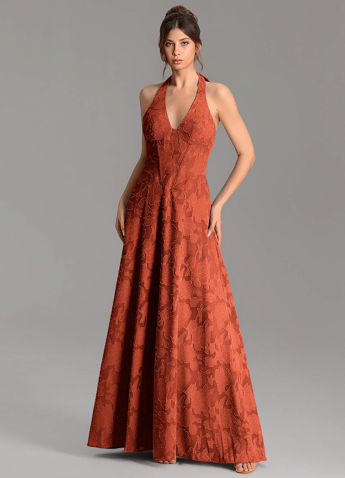 Nia A-Line V-Neck Floral Burnout Bridesmaid Dress in Auburn