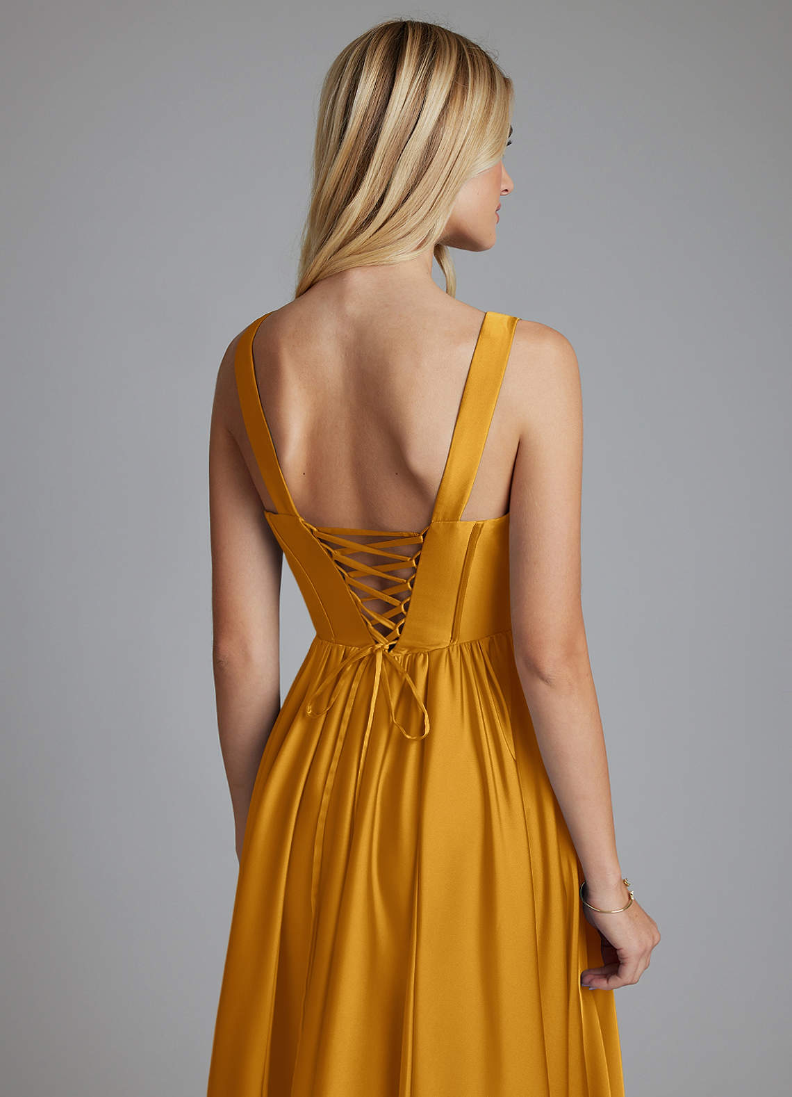 Delmie A-Line V-Neck Stretch Satin Bridesmaid Dress in butterscotch