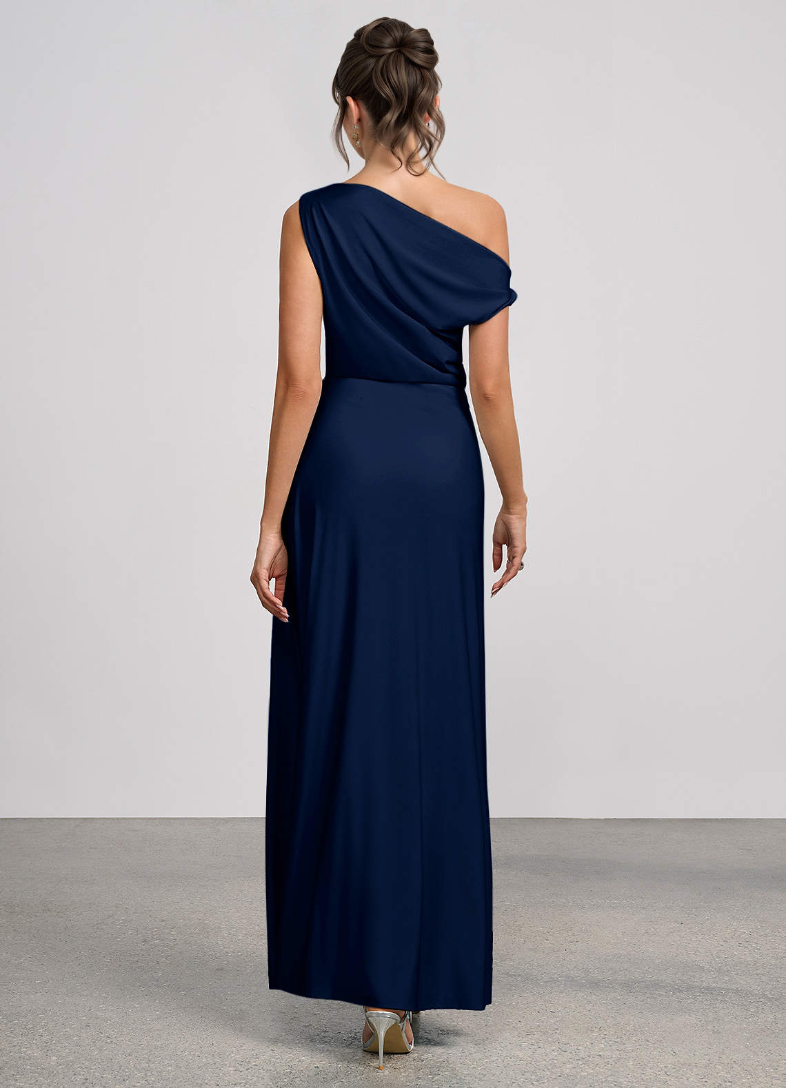 Elowen Mermaid One-Shoulder Glossy Knit Evening Dress in Navy