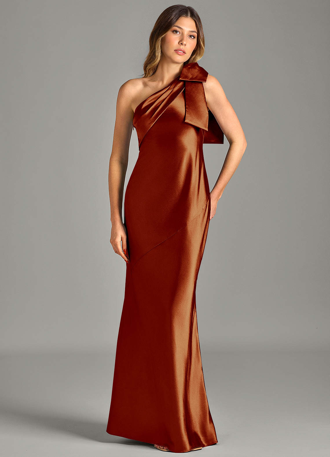 Yuanna Mermaid One-Shoulder Metallic Satin Bridesmaid Dress in Auburn