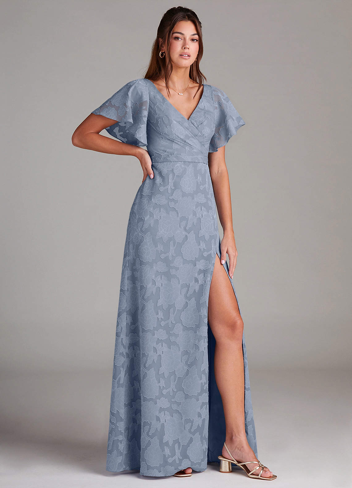 Ambrosia A-Line V-Neck Floral Burnout Bridesmaid Dress in dusty blue
