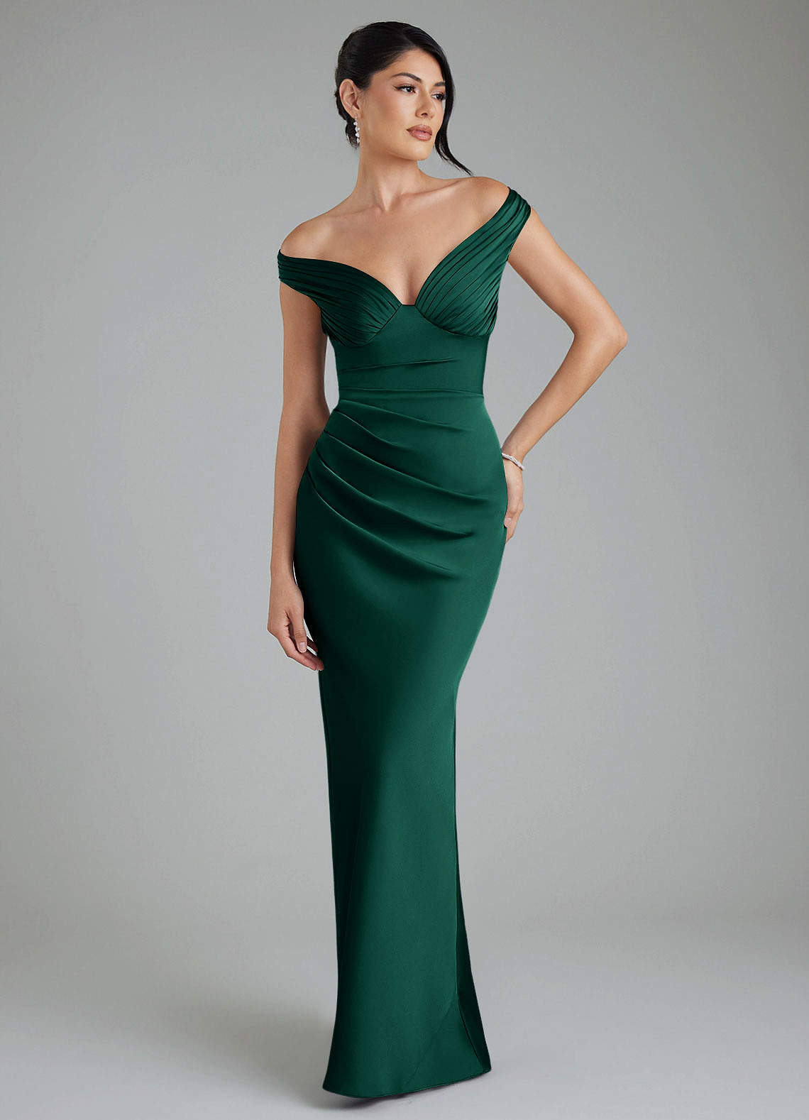 Stella Sheath V-Neck Stretch Satin Bridesmaid Dress in Emerald