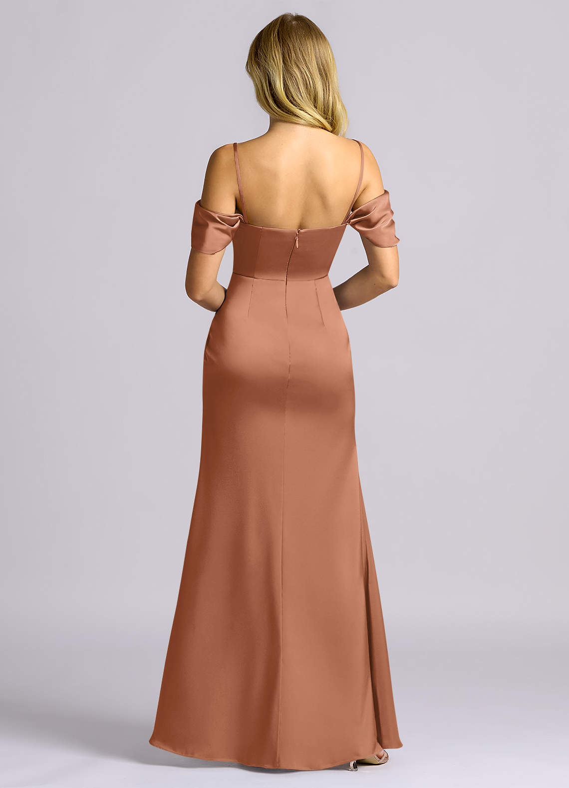 Auden Sheath Off-the-Shoulder Stretch Satin Bridesmaid Dress in Bronzer