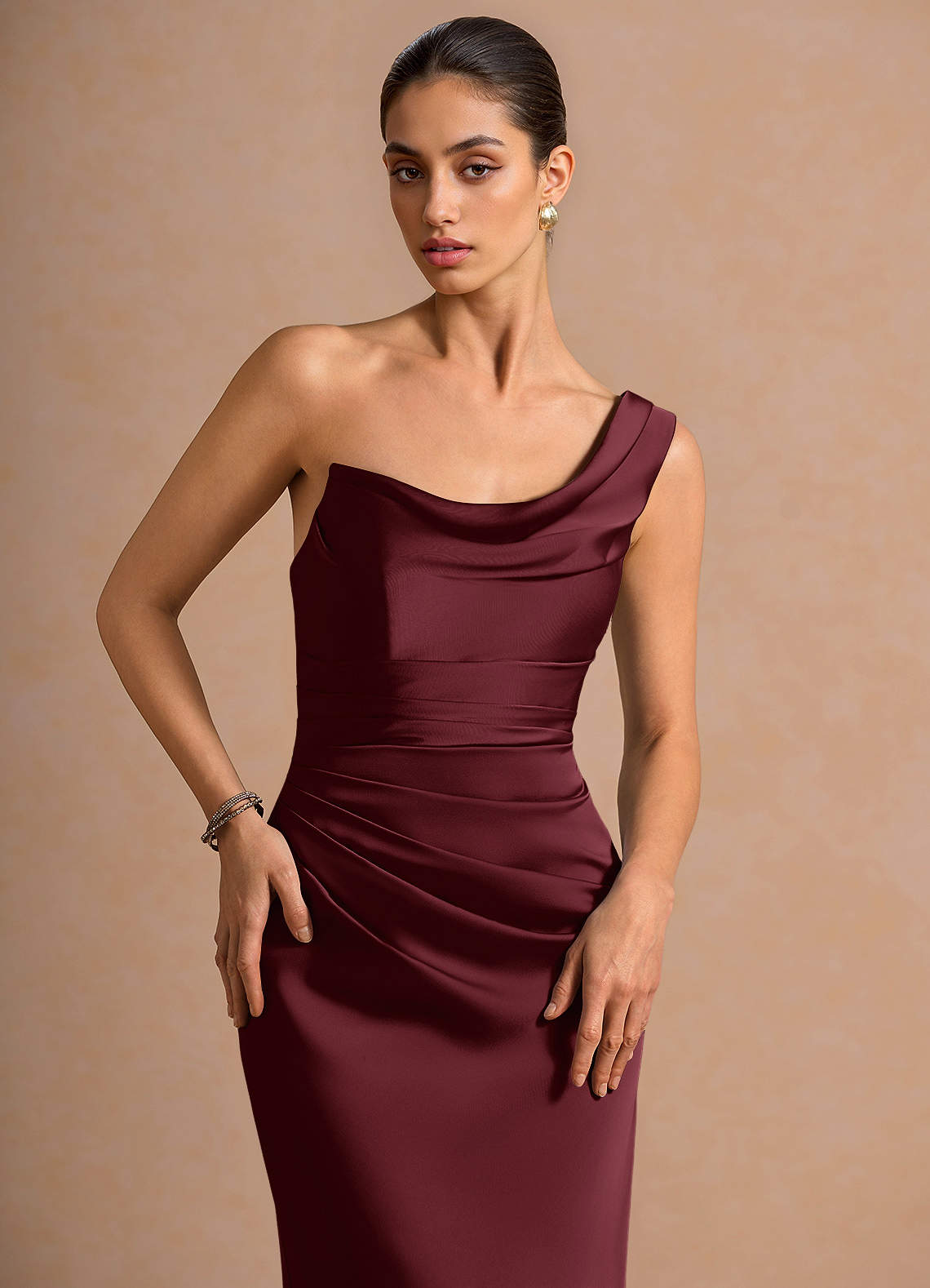 Cassiopeia One-Shoulder Draped Stretch Satin Evening Dress in Wine