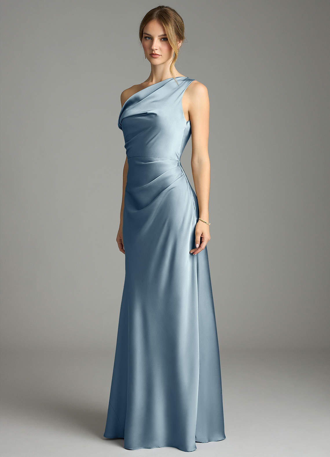 Emerson Mermaid One-Shoulder Stretch Satin Bridesmaid Dress in dusty blue