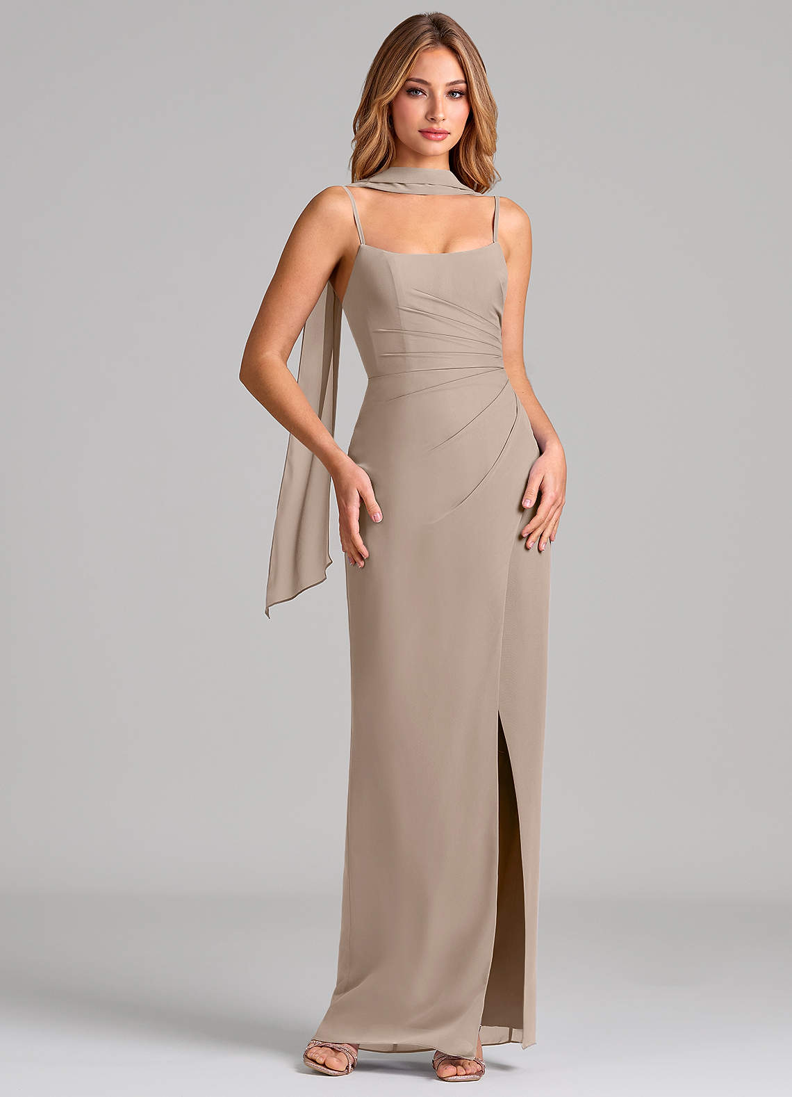 Calandra Sheath Scoop-Neck Chiffon Bridesmaid Dress in Taupe
