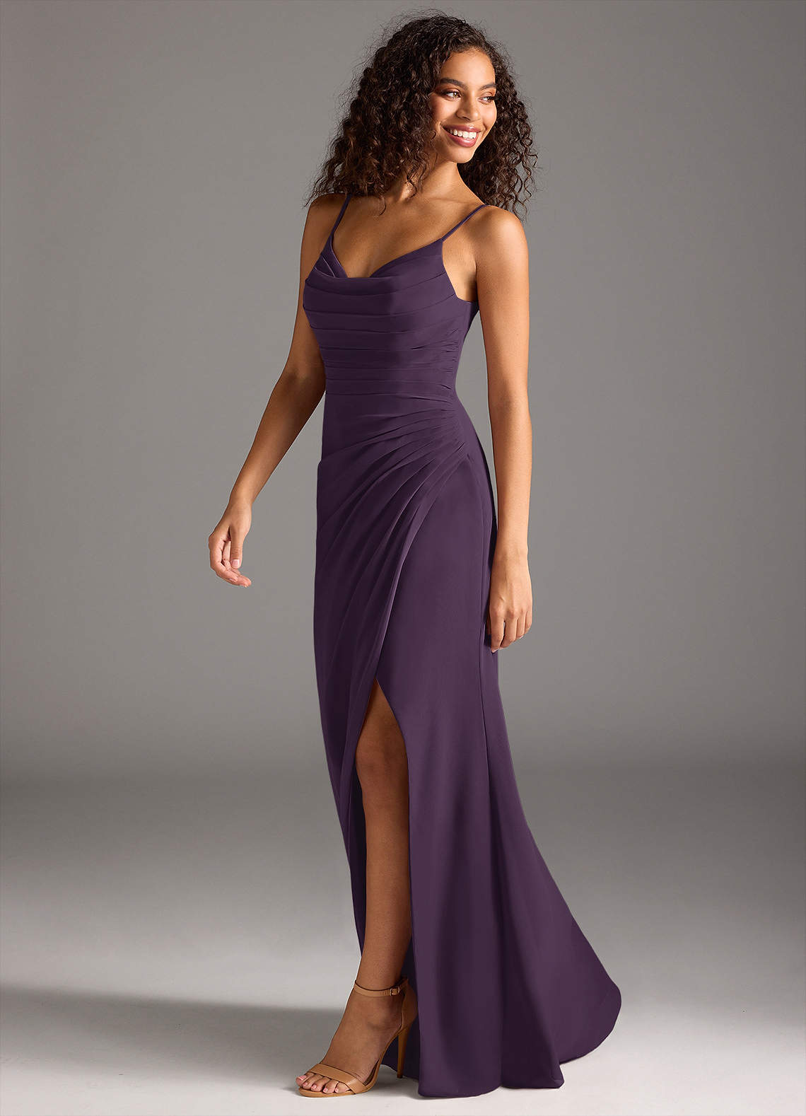 Deandra Mermaid Cowl-Neck Chiffon Bridesmaid Dress in Plum