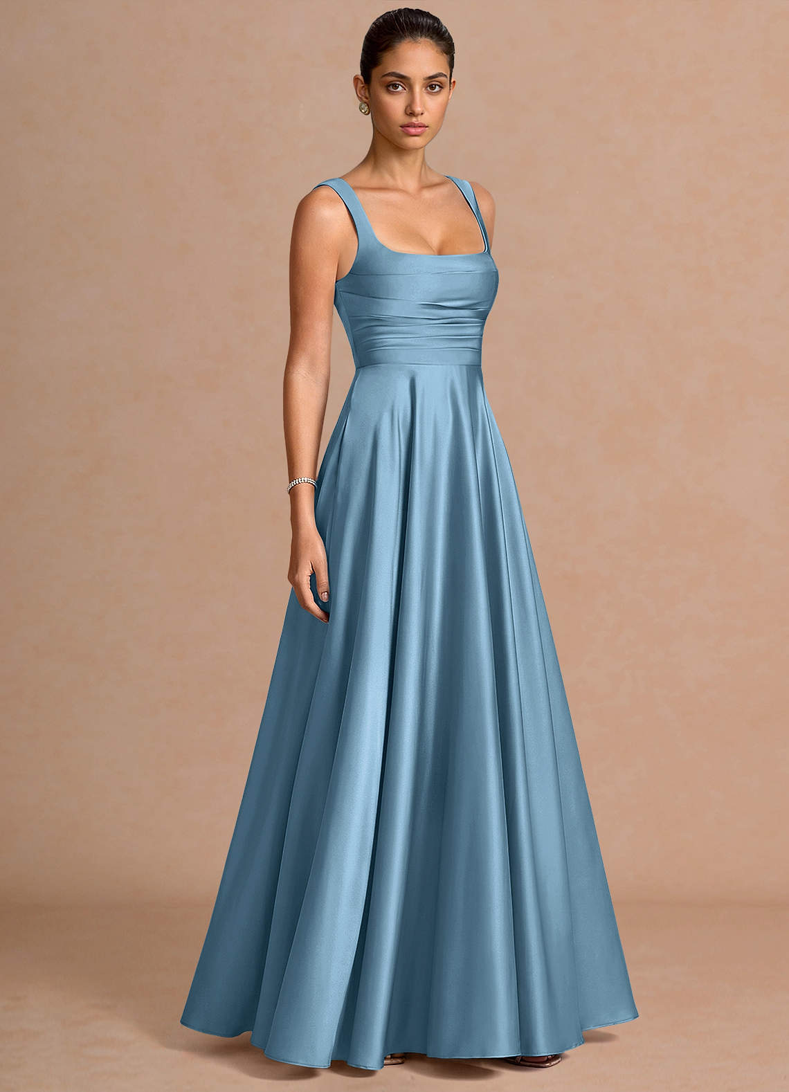 Azaria A-Line Square-Neck Stretch Satin Wedding Guest Dress in Steel Blue