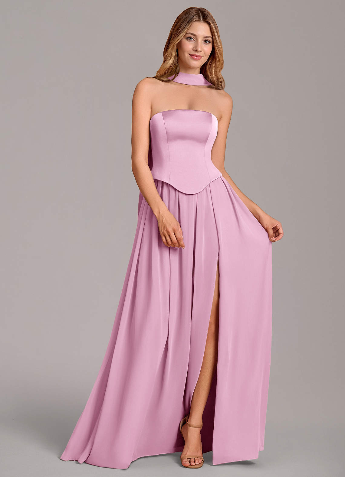 Cadence A-Line Strapless Chiffon and Stretch Satin Bridesmaid Dress in candy pink
