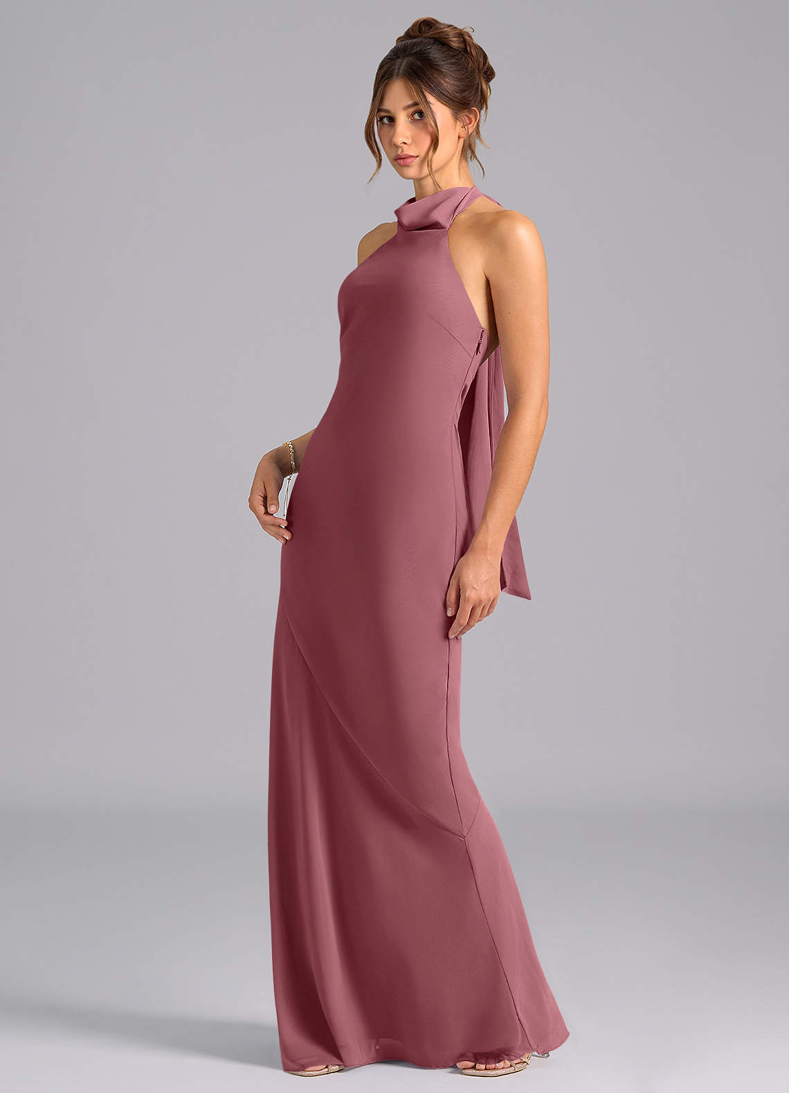 Velli Mermaid Halter Chiffon Bridesmaid Dress in Desert Rose