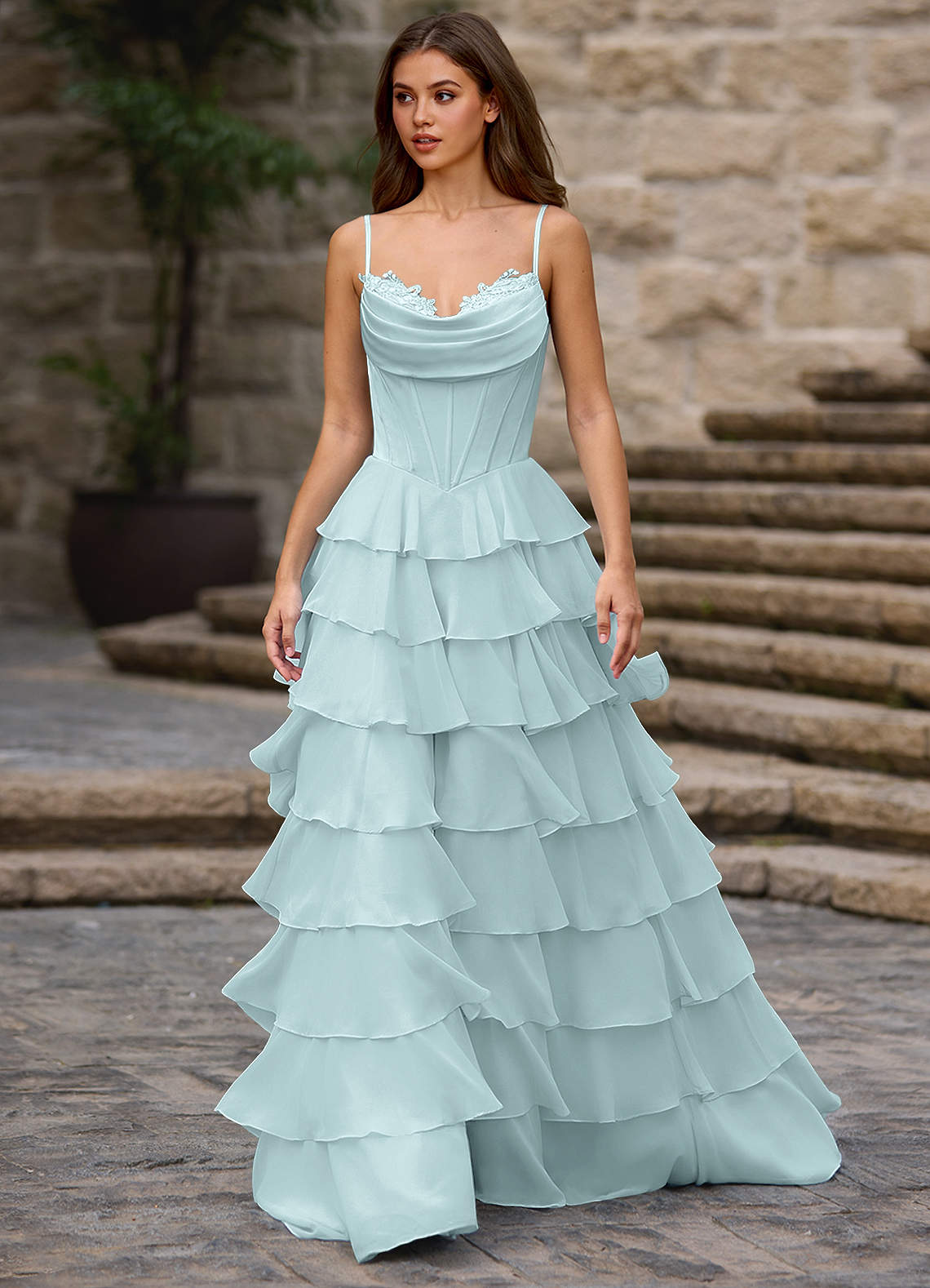 Floralace A-Line Ruffle Chiffon Evening Dress in Vanilla