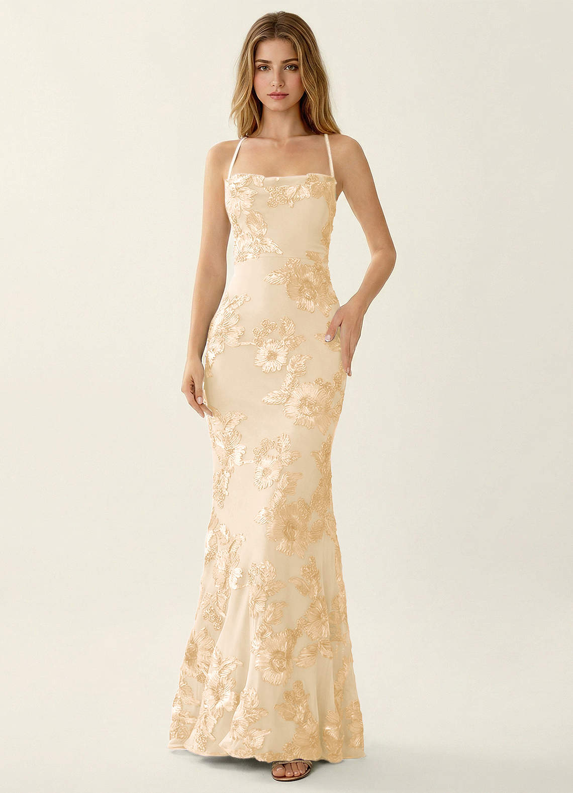 Kailani Mermaid Spaghetti-Strap Lace Evening Dress in Pale Purple