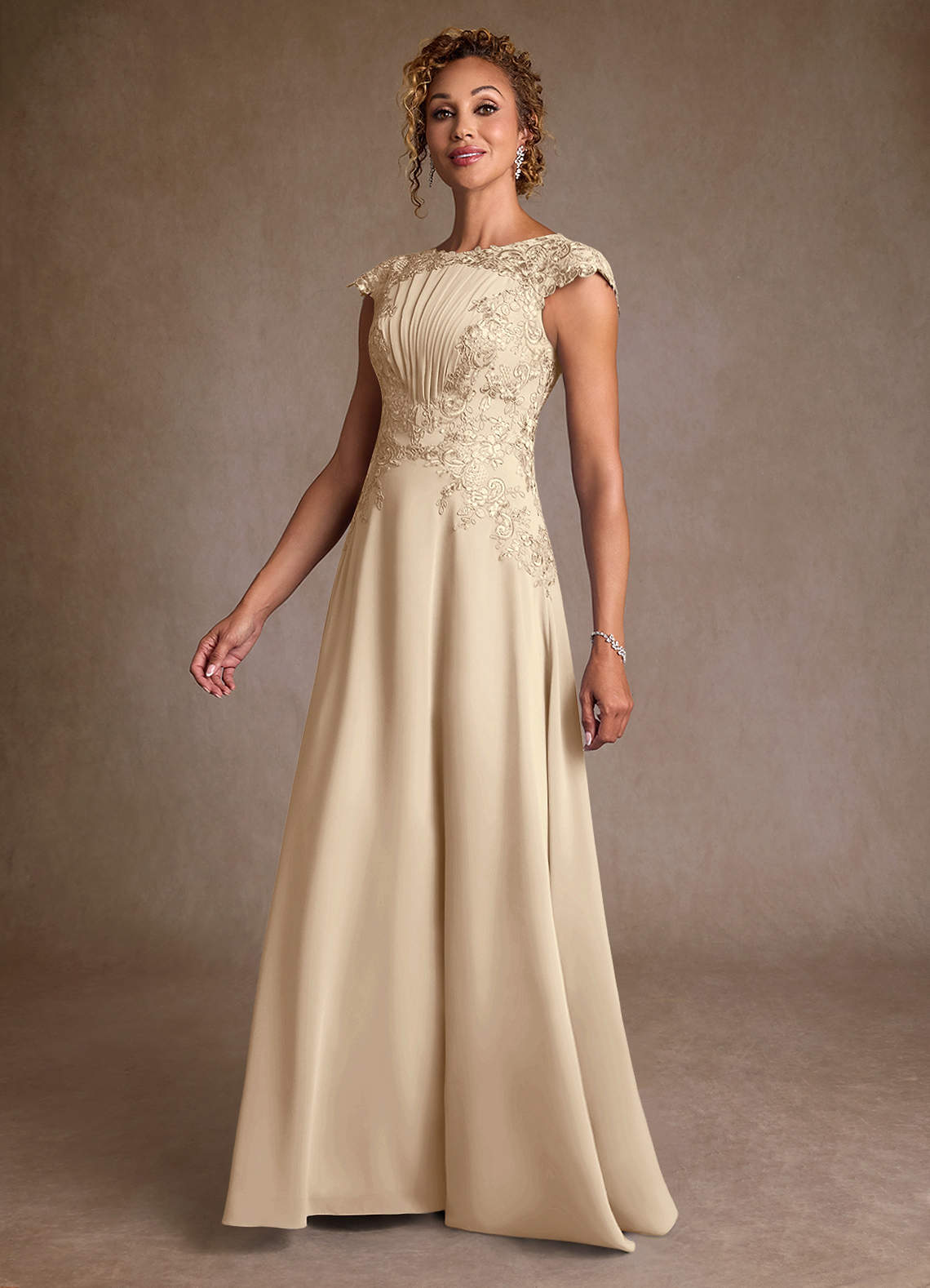 Christi A-Line Scoop-Neck Chiffon and Lace Mother of the Bride Dress in champagne
