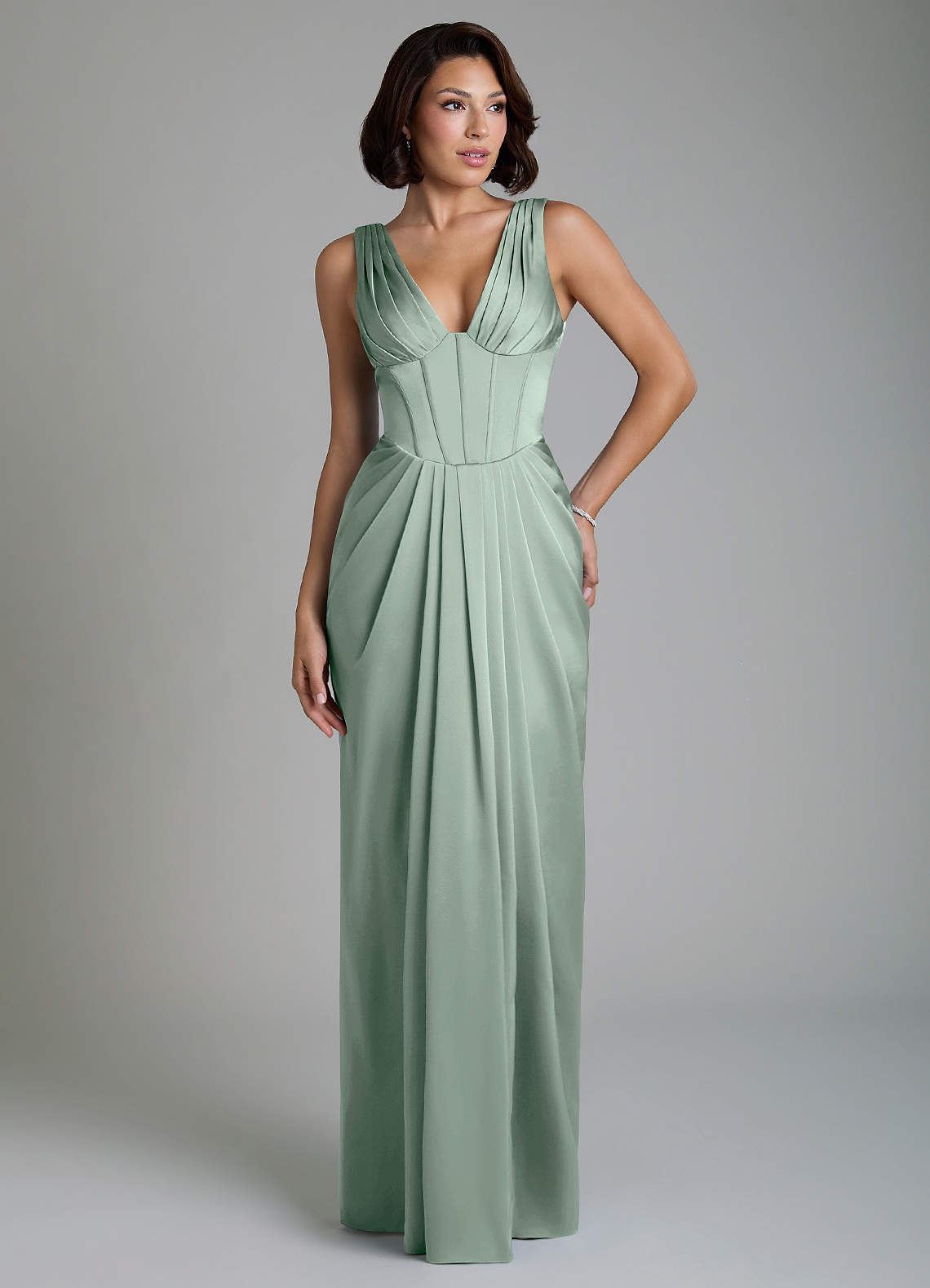 Vanya Sheath V-Neck Stretch Satin Bridesmaid Dress in Agave