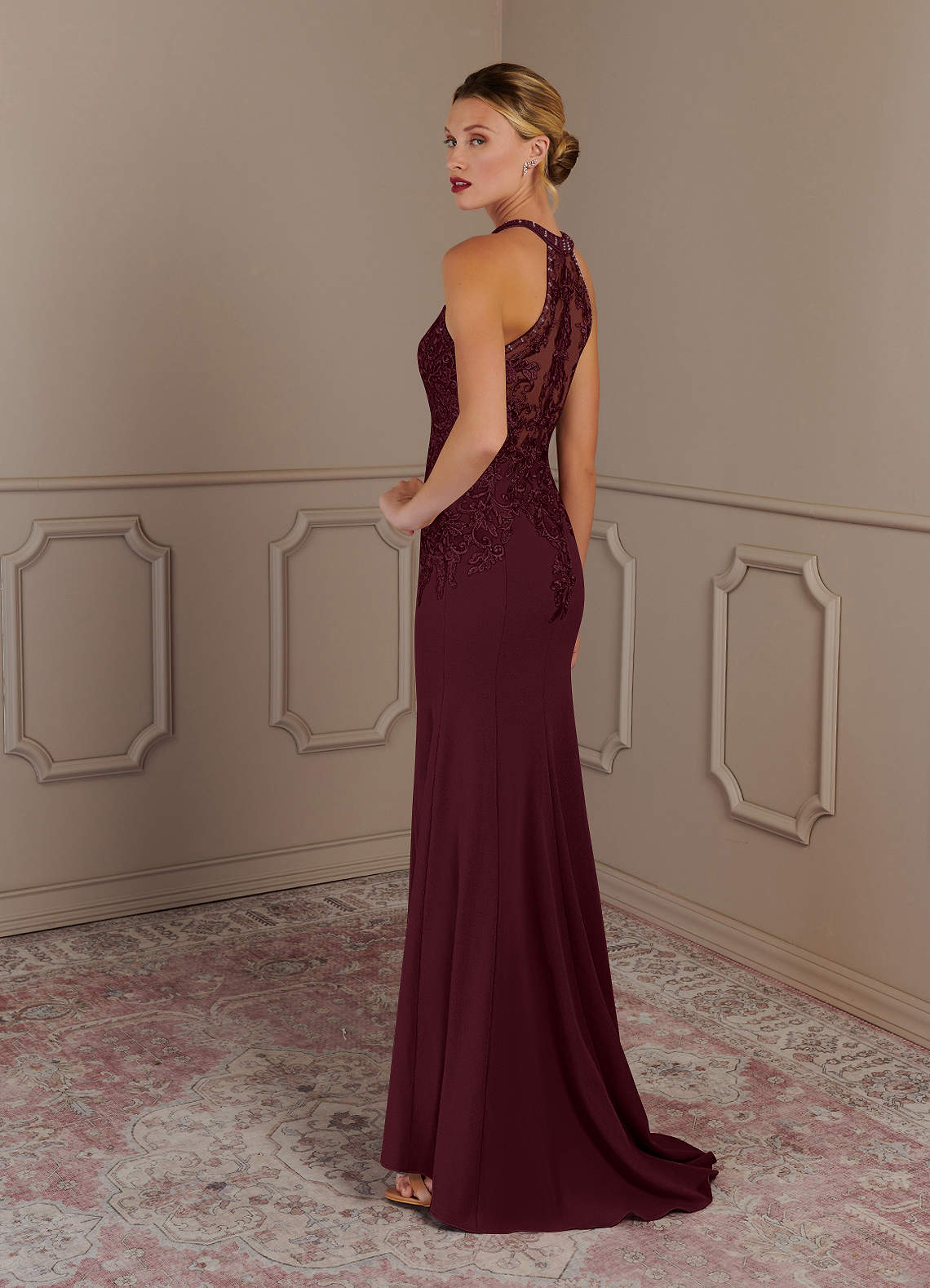 Tyra Mermaid Halter Tulle and Stretch Crepe Mother of the Bride Dress in Cabernet