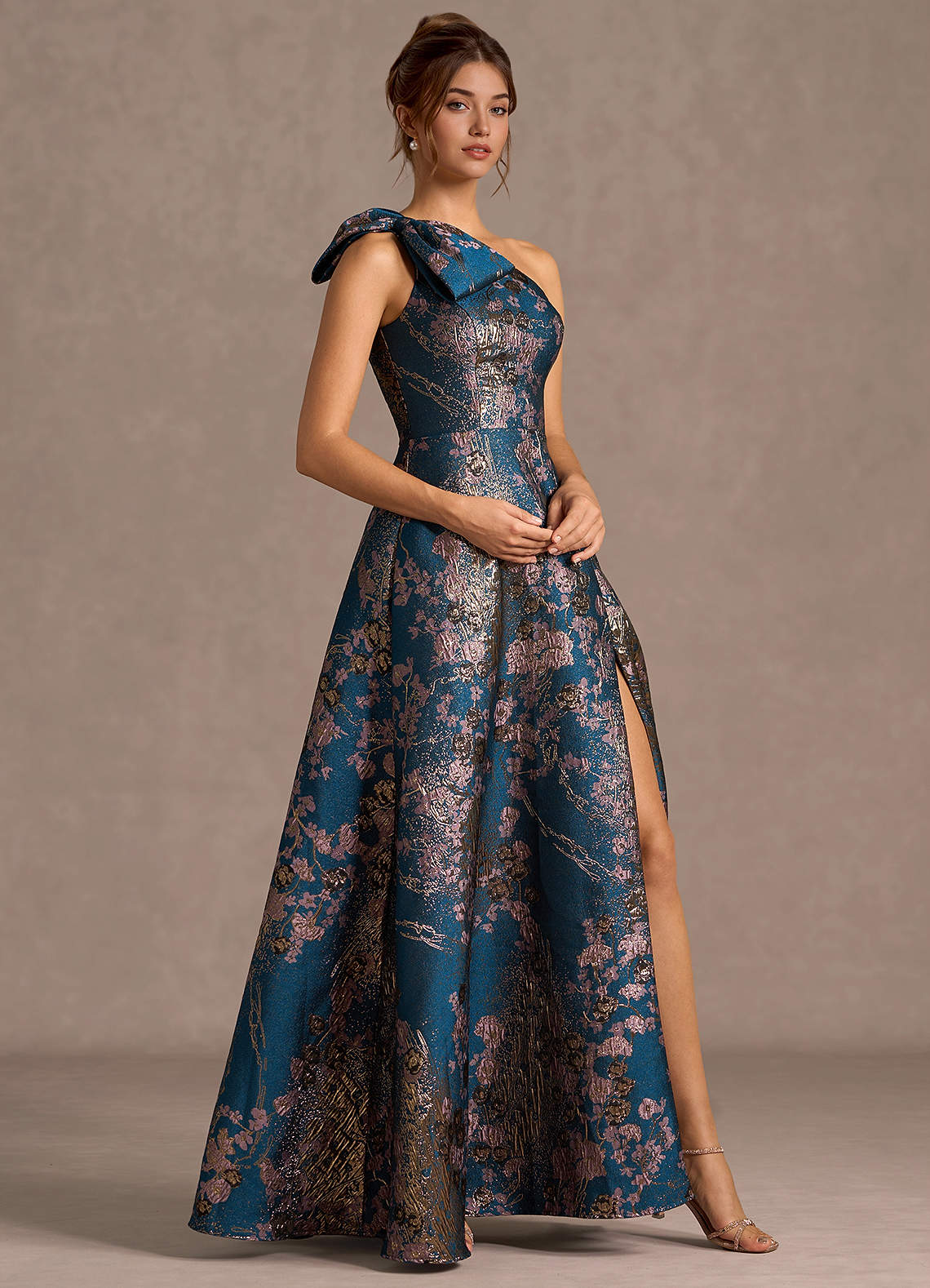Jonelle A-Line One-Shoulder Metallic Jacquard Evening Dress in Teal Floral