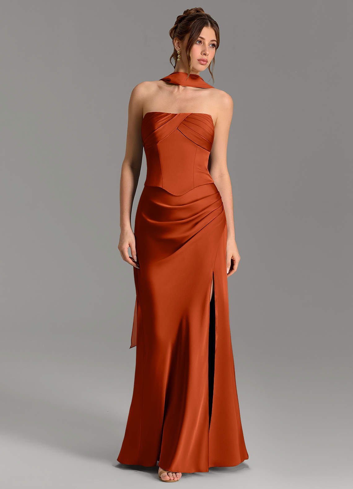 Nicki Sheath Scoop-Neck Stretch Satin Bridesmaid Dress in Paprika
