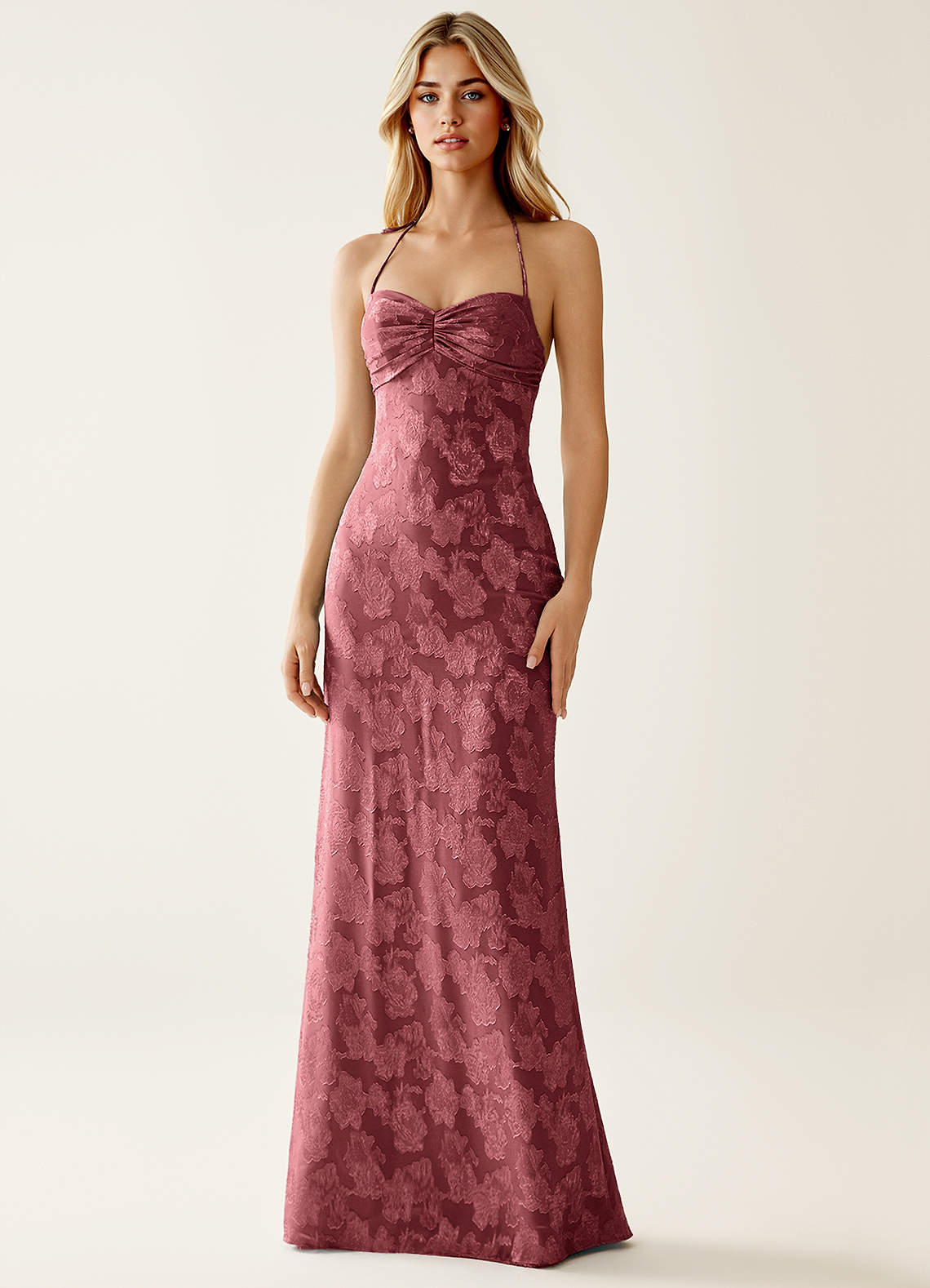 Angena Sheath Halter Floral Burnout Evening Dress in Vintage Rose