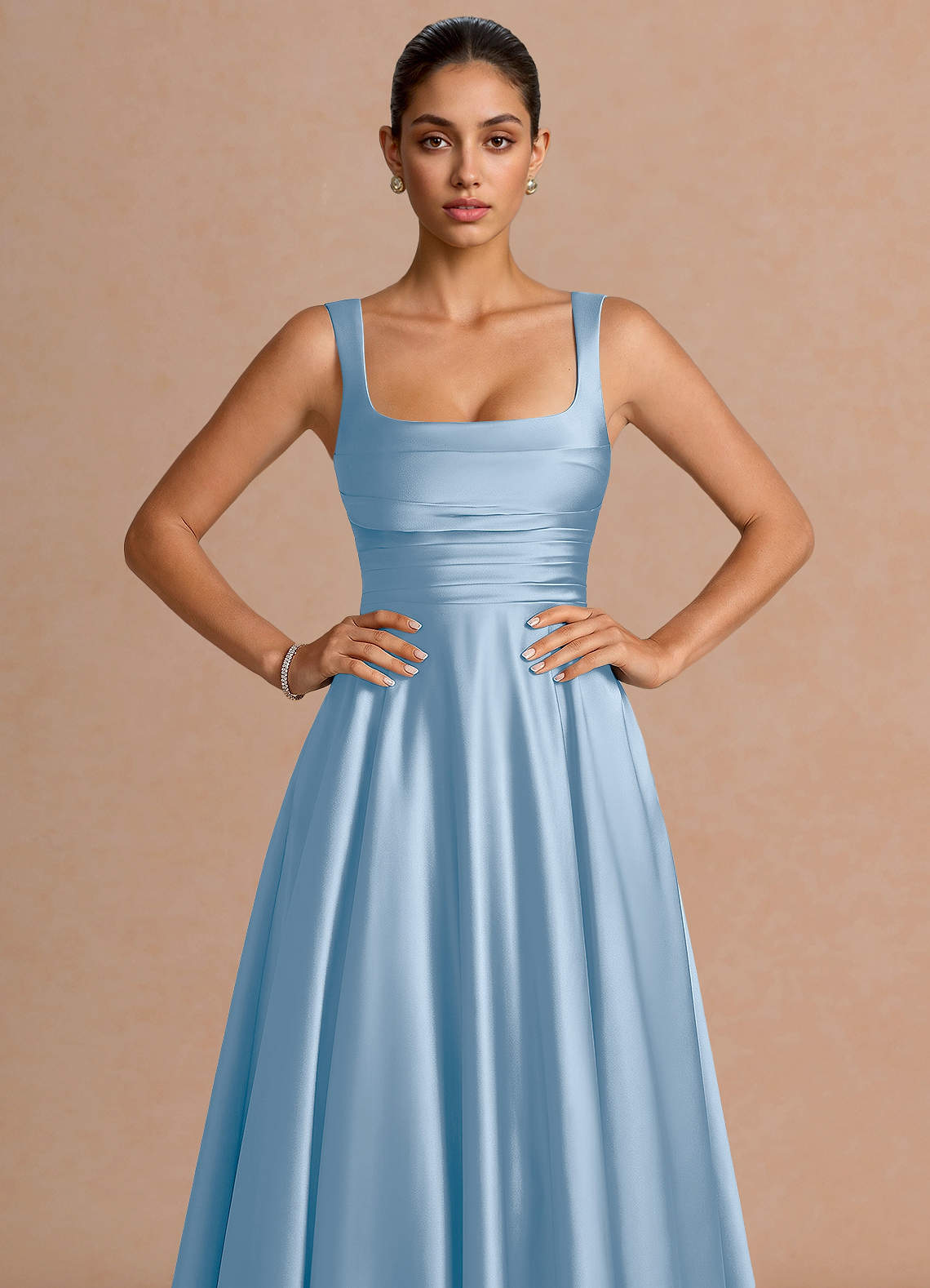 Azaria A-Line Square-Neck Stretch Satin Wedding Guest Dress in Haze blue