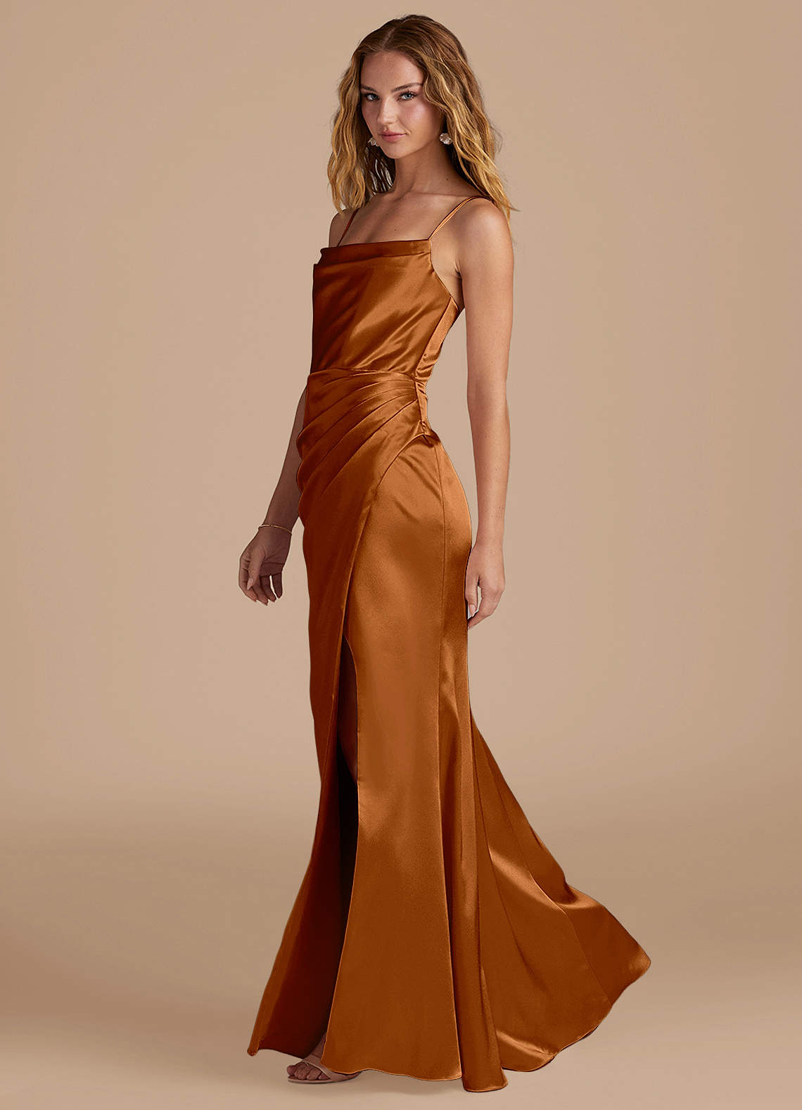 Marzia Mermaid Square-Neck Metallic Satin Bridesmaid Dress in Copper