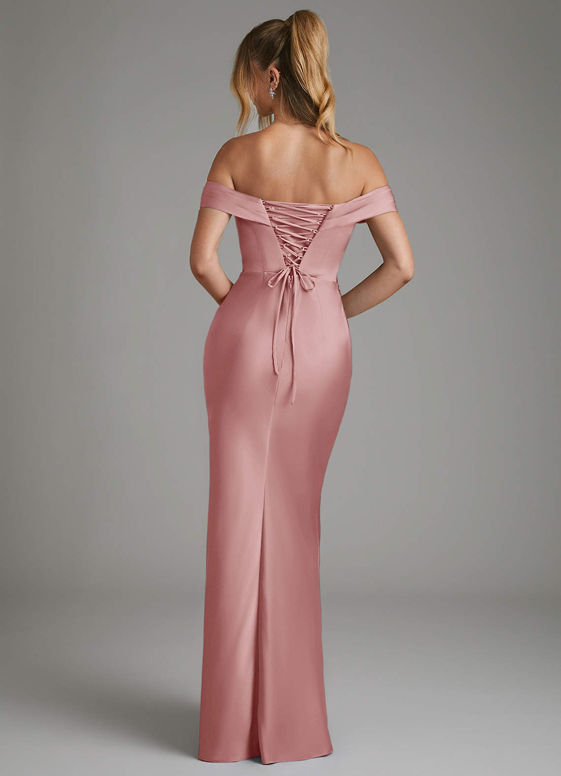 Hayden Mermaid Off-the-Shoulder Stretch Satin Bridesmaid Dress in dusty rose