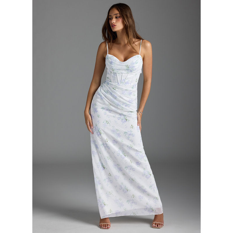 Mai Sheath Cowl-Neck Chiffon Bridesmaid Dress in Blue Vintage Floral - official gallery view 3