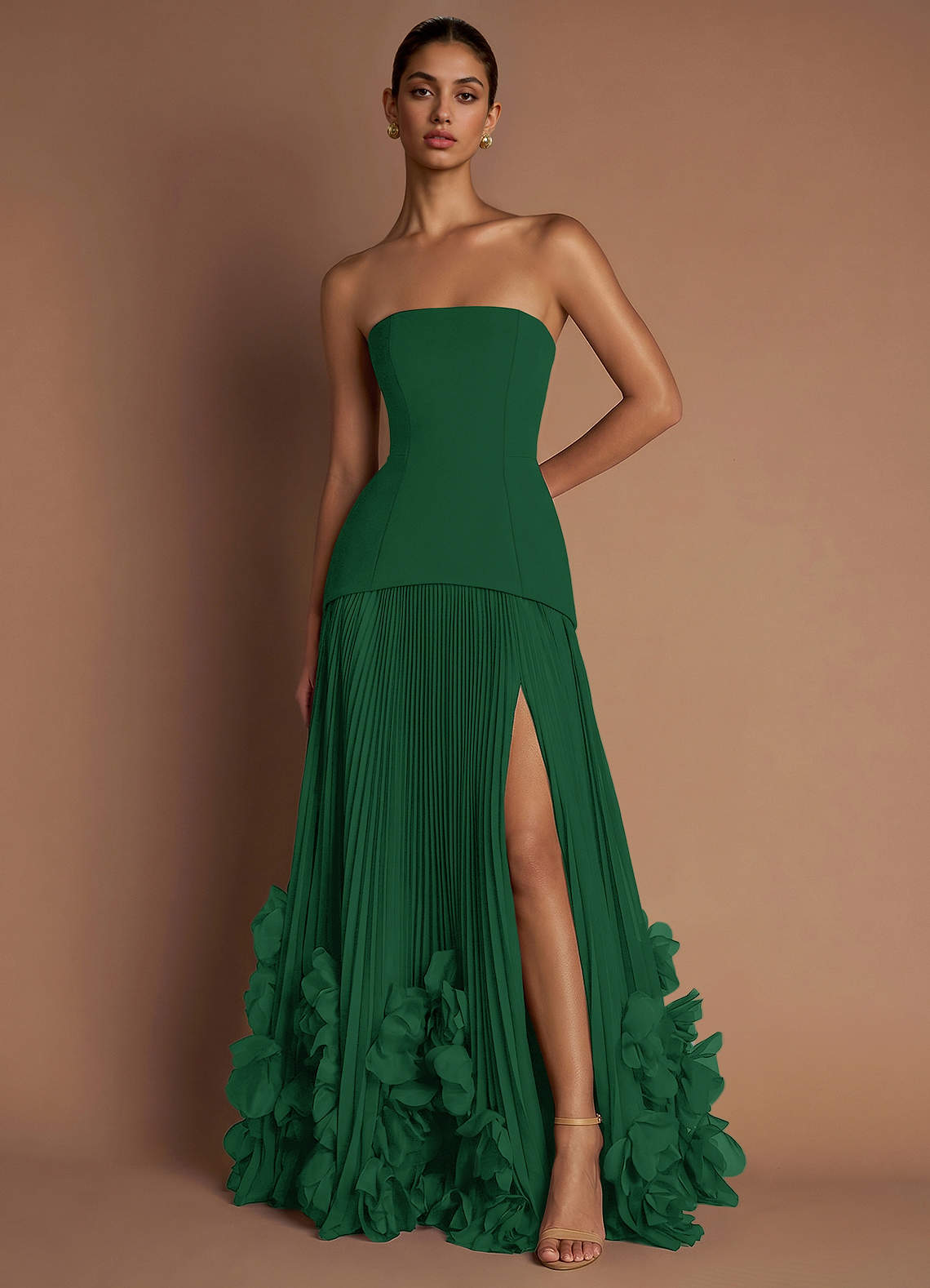 Marnie A-Line Corset Crepe Chiffon Evening Dress in Emerald Green