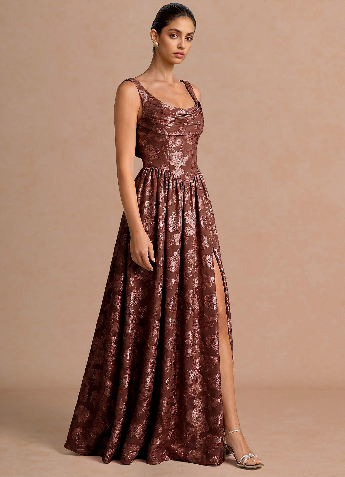 Novi A-Line Draped-Neck Floral Fil Coupé Evening Dress in Mocha Coco