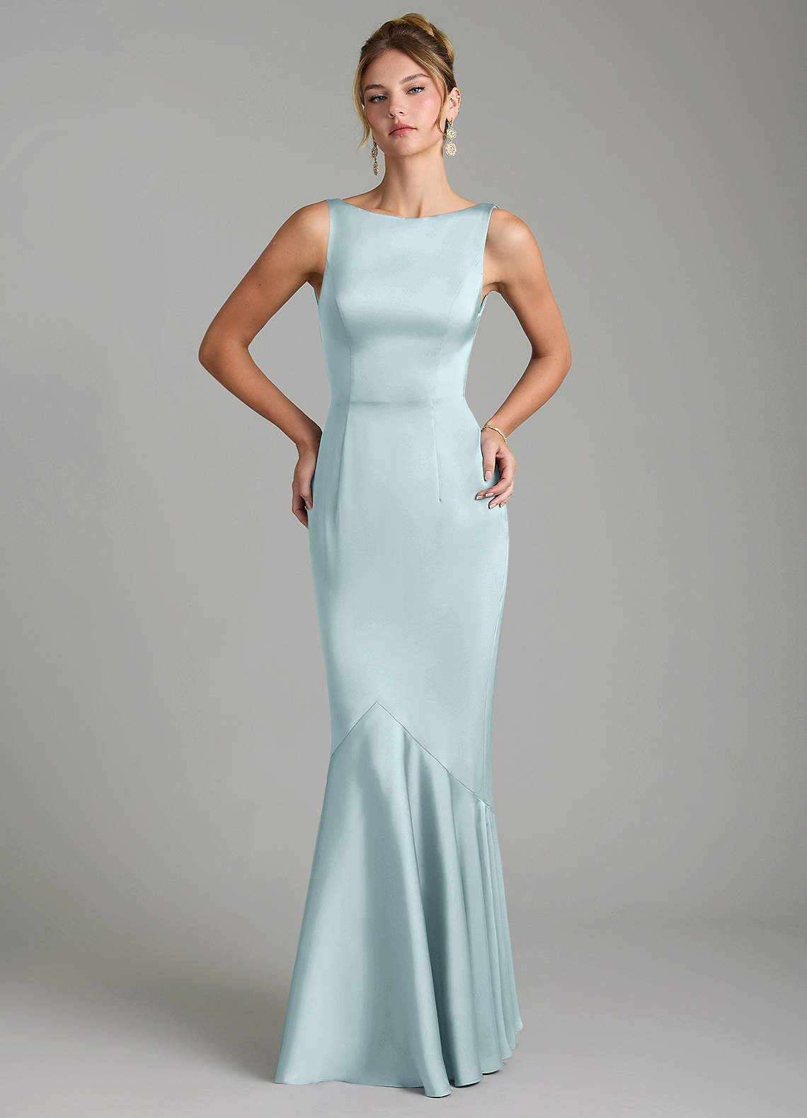 Tamera Mermaid Boat-Neck Stretch Satin and Chiffon Bridesmaid Dress in Mist