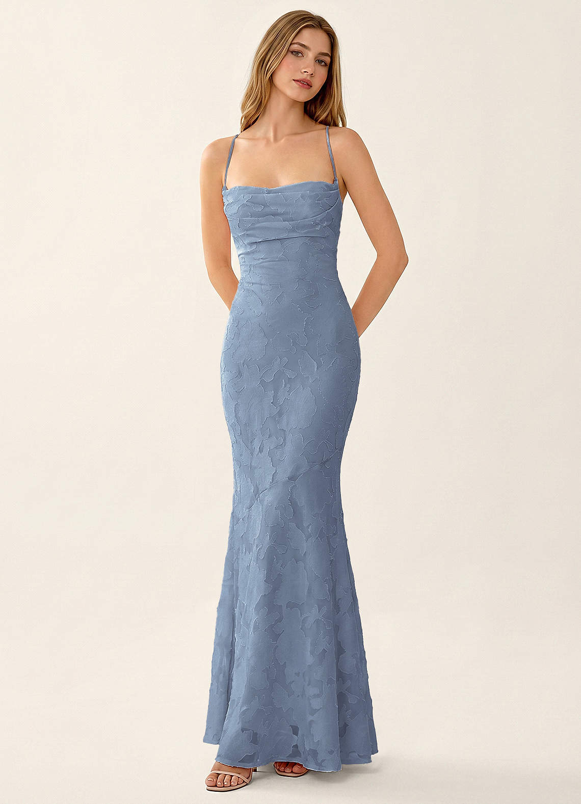 Natasha Mermaid Spaghetti-Strap Floral Burnout Evening Dress in Powder Blue