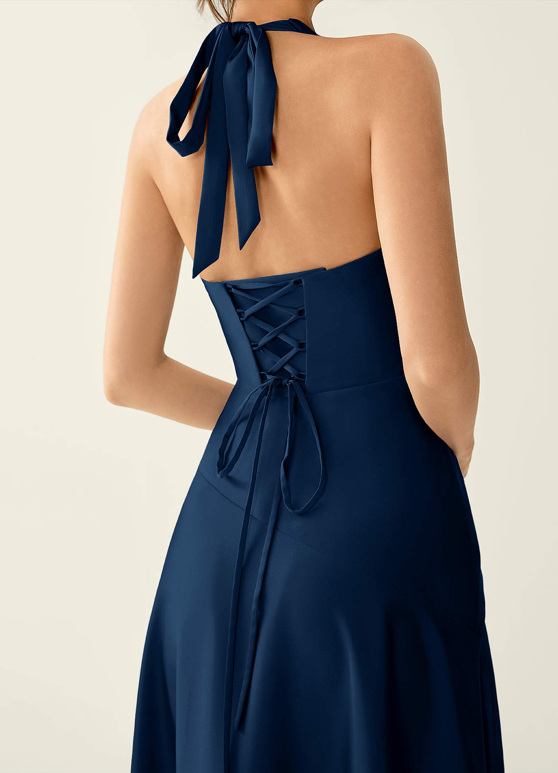 Titania Halter Asymmetric-Ruffle Satin Evening Dress in Navy