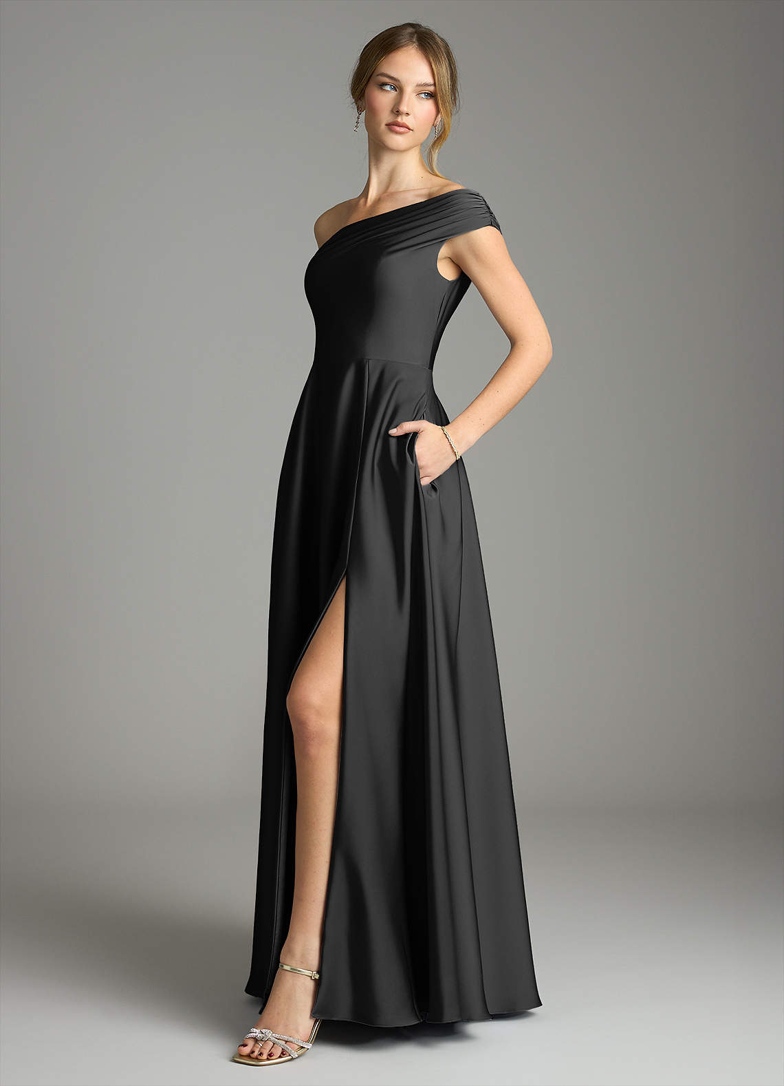 Melanie A-Line One-Shoulder Stretch Satin Bridesmaid Dress