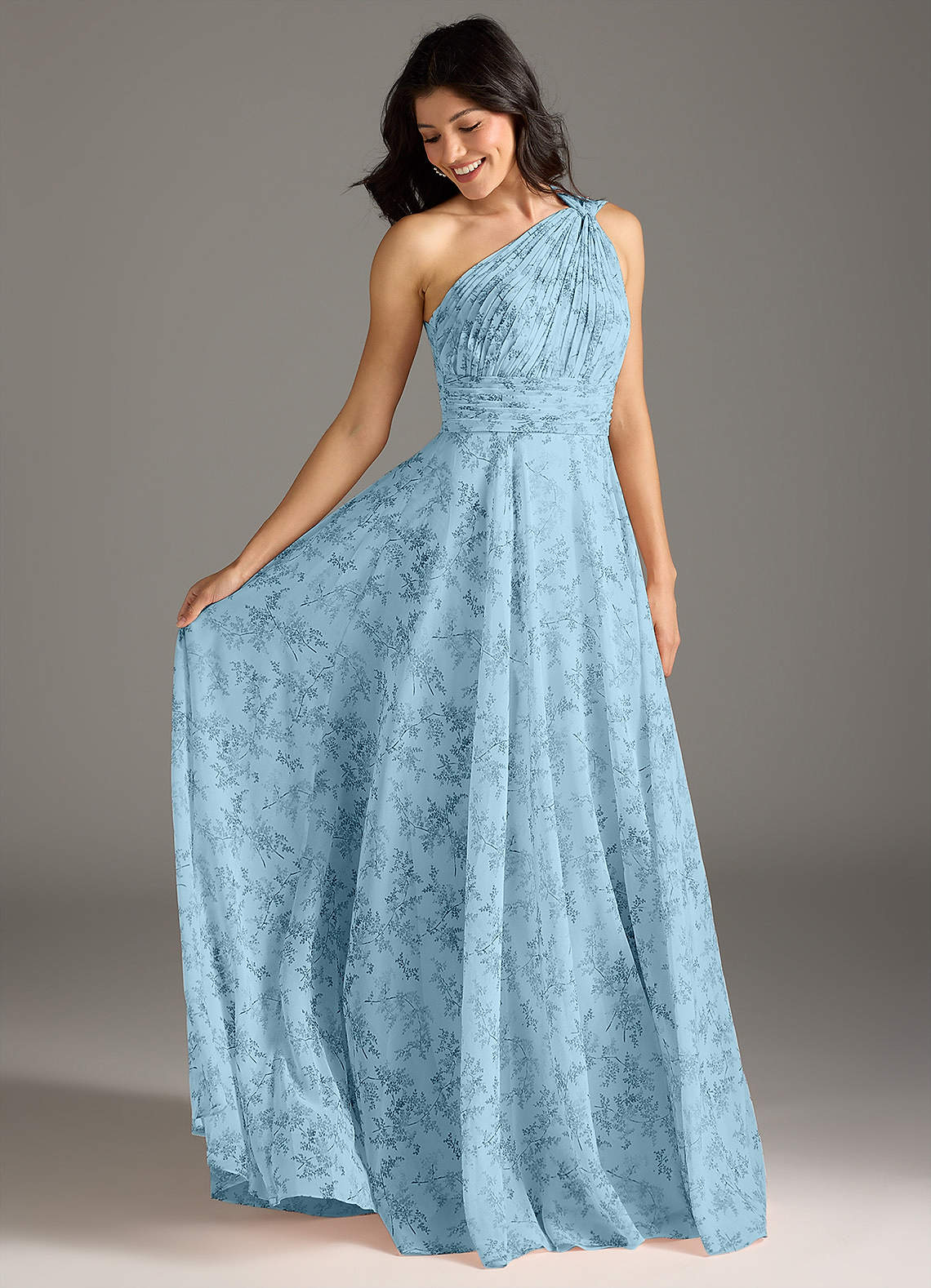 Charlize A-Line One-Shoulder Chiffon Bridesmaid Dress in Blue Fern Floral