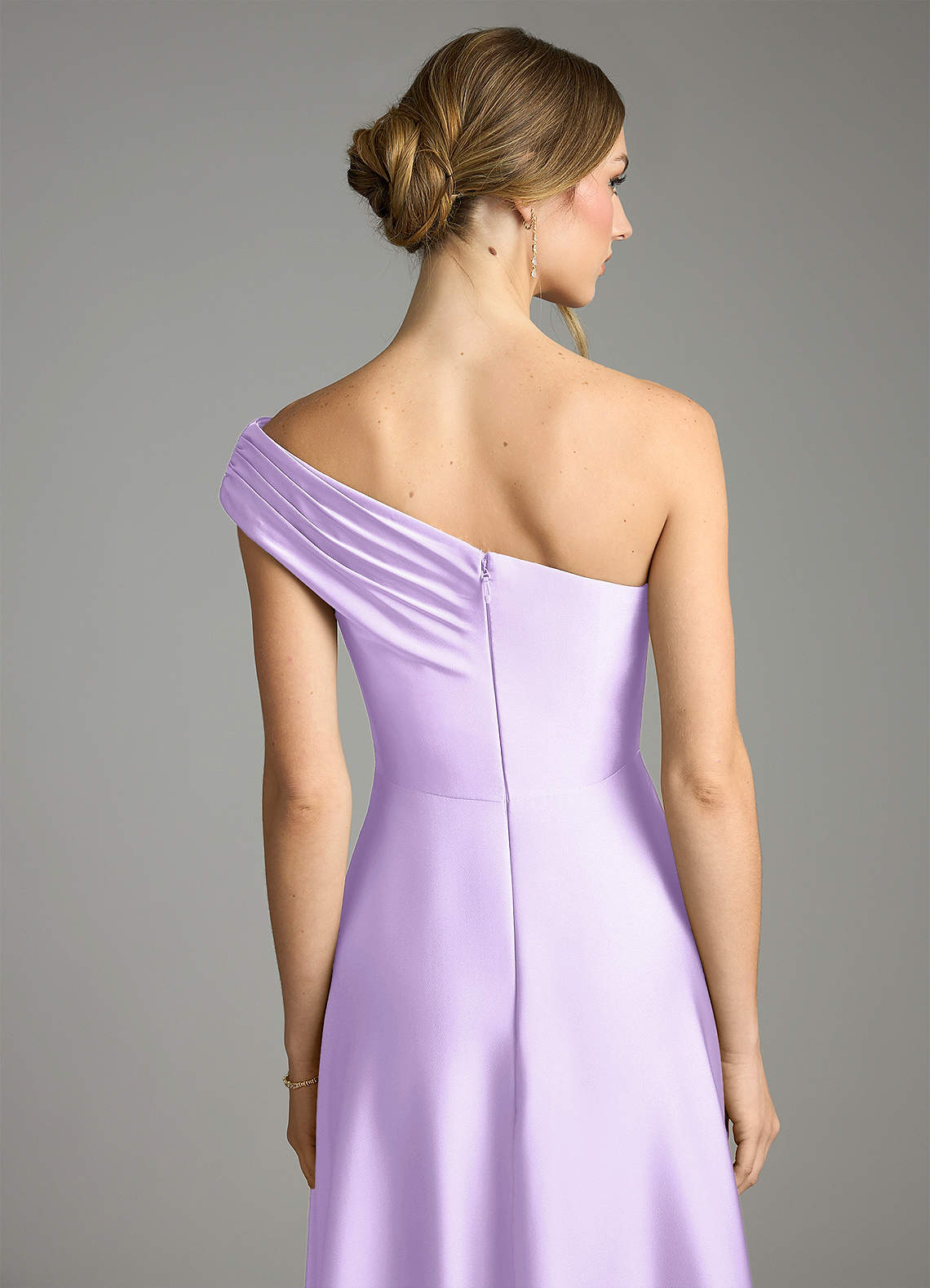 Melanie A-Line One-Shoulder Stretch Satin Bridesmaid Dress in Lilac