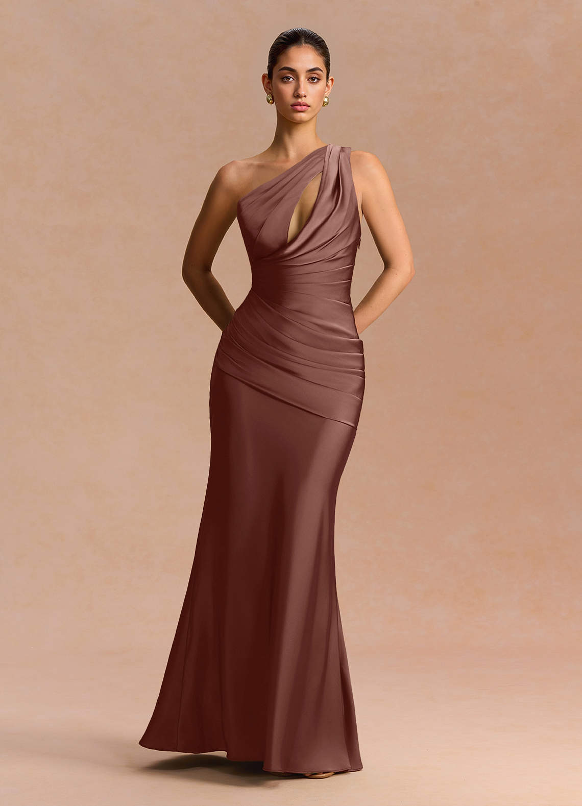 Guinevere One-Shoulder Cutout Stretch Satin Evening Dress in Dusty Blue