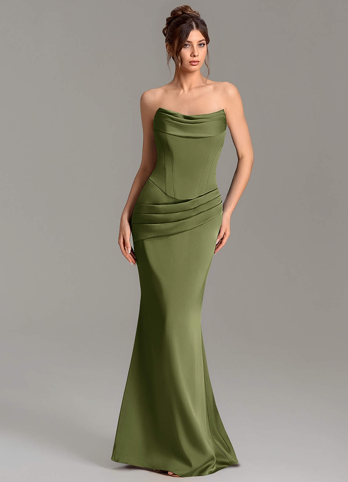 Adrienne Mermaid Cowl-Neck Stretch Satin Bridesmaid Dress in Olive