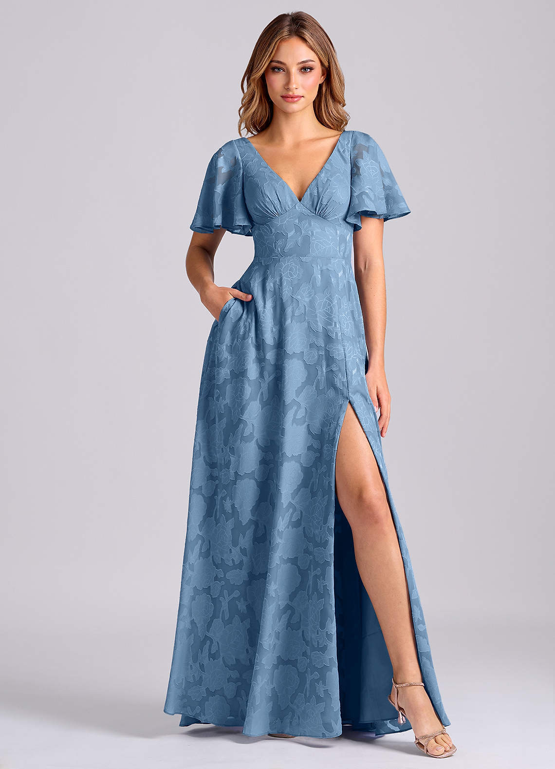 Kimber A-Line V-Neck Floral Burnout Bridesmaid Dress in Steel Blue