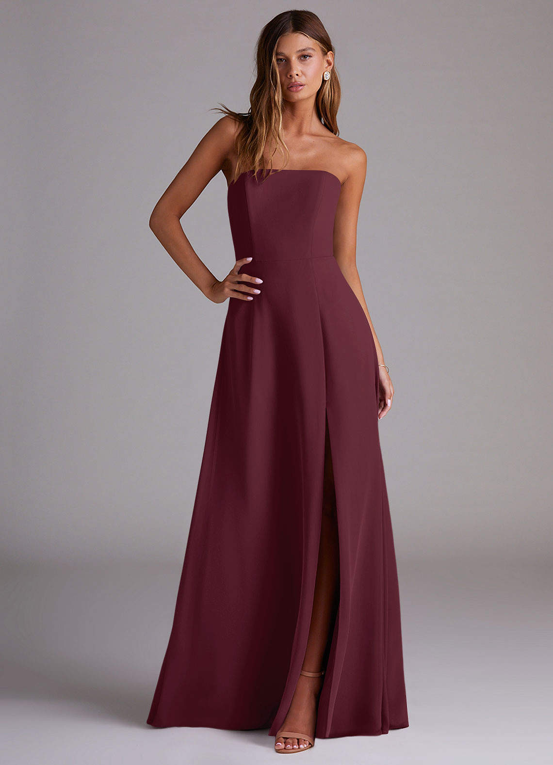 Wren A-Line Straight-Neck Chiffon Bridesmaid Dress in Cabernet