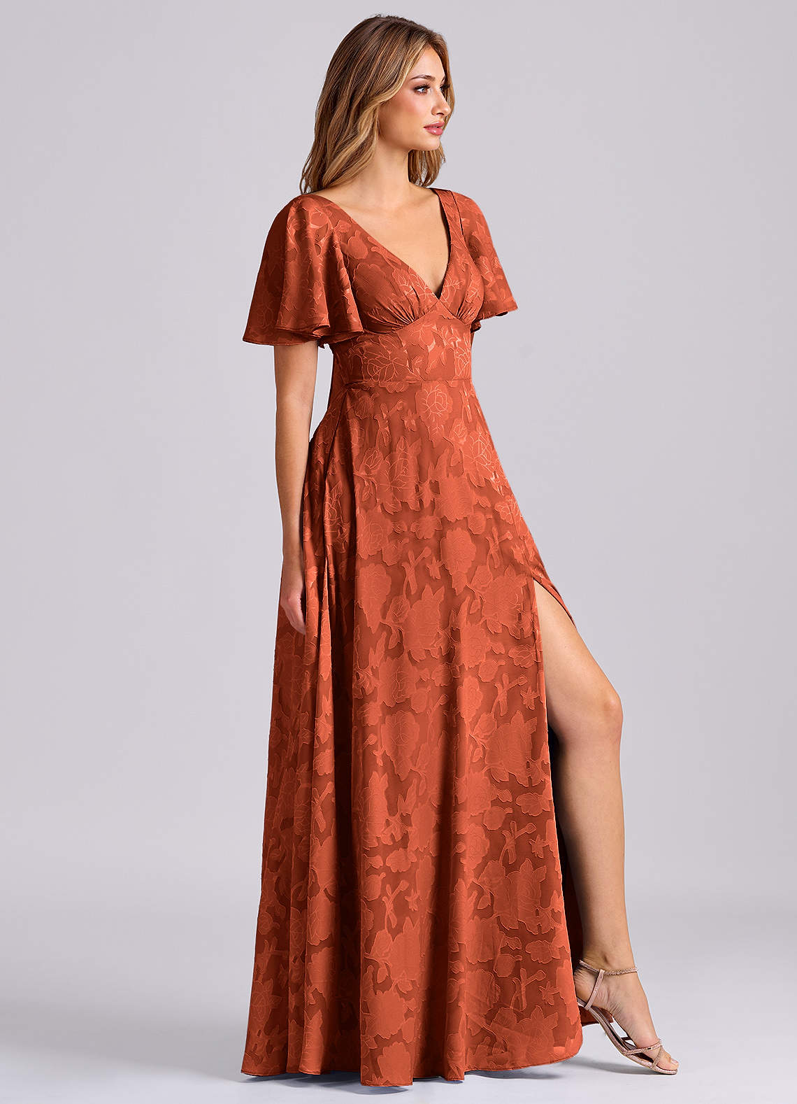 Kimber A-Line V-Neck Floral Burnout Bridesmaid Dress in Auburn