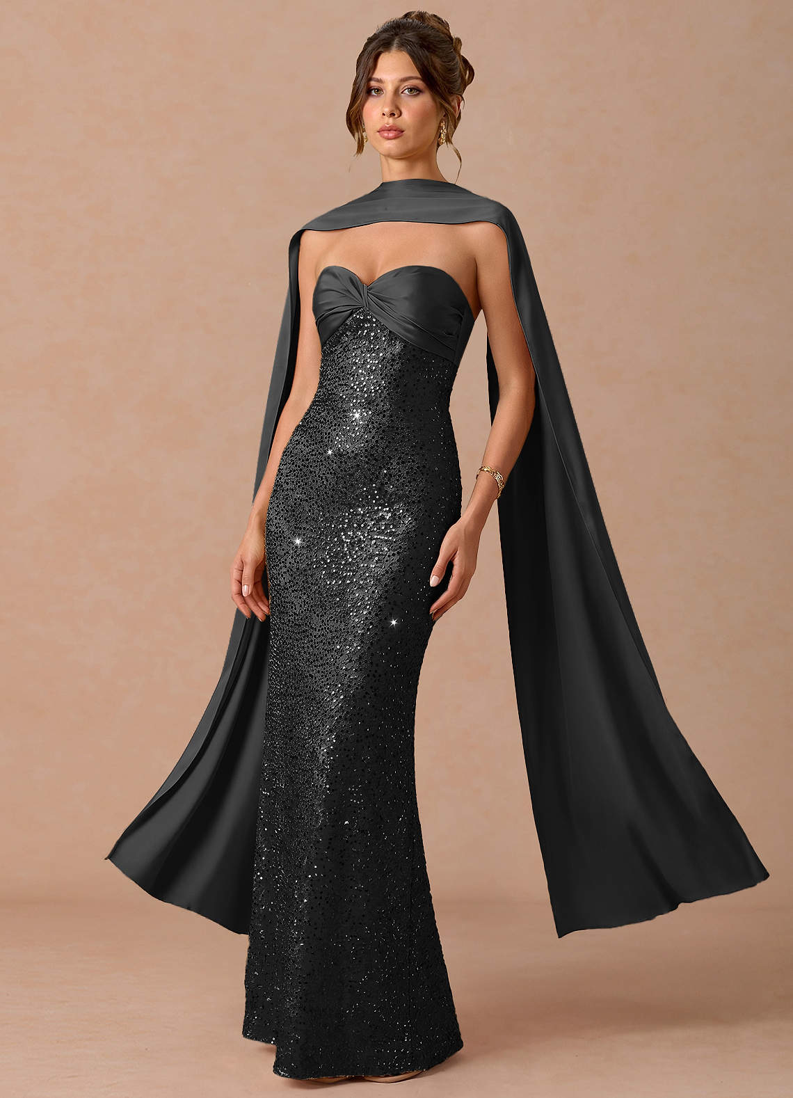 Serelle A-Line Sweetheart Sequin Satin Evening Dress in black