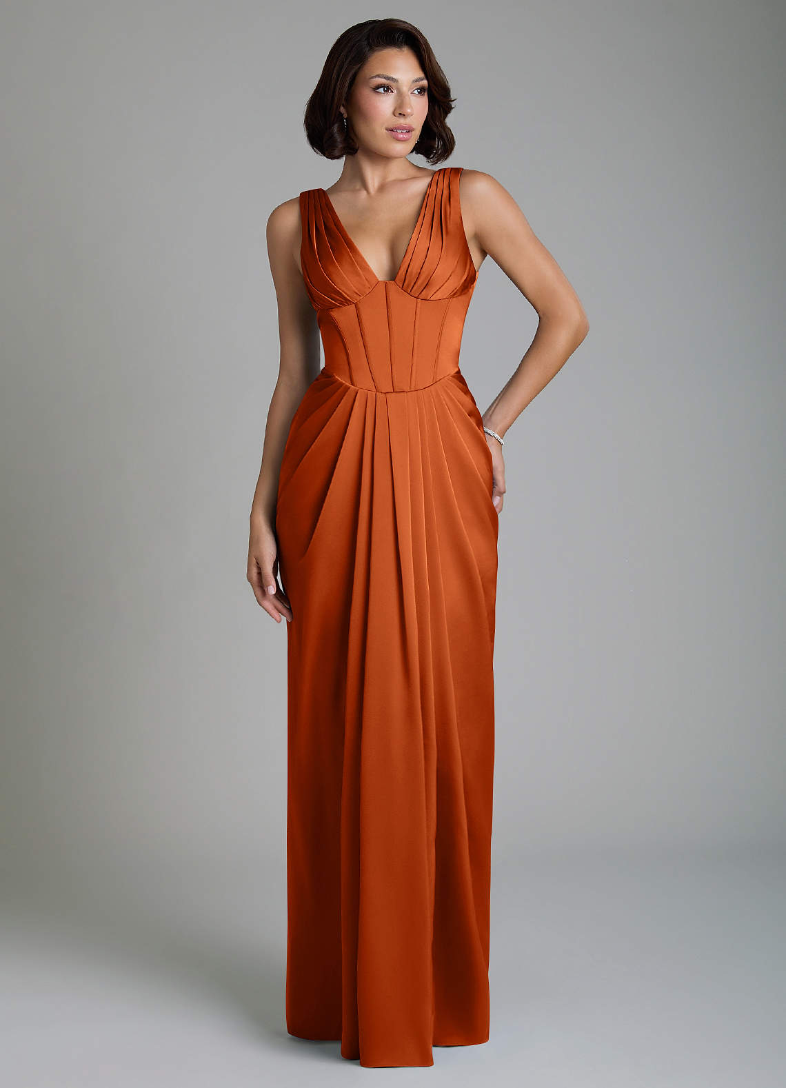 Vanya Sheath V-Neck Stretch Satin Bridesmaid Dress in Burnt Orange