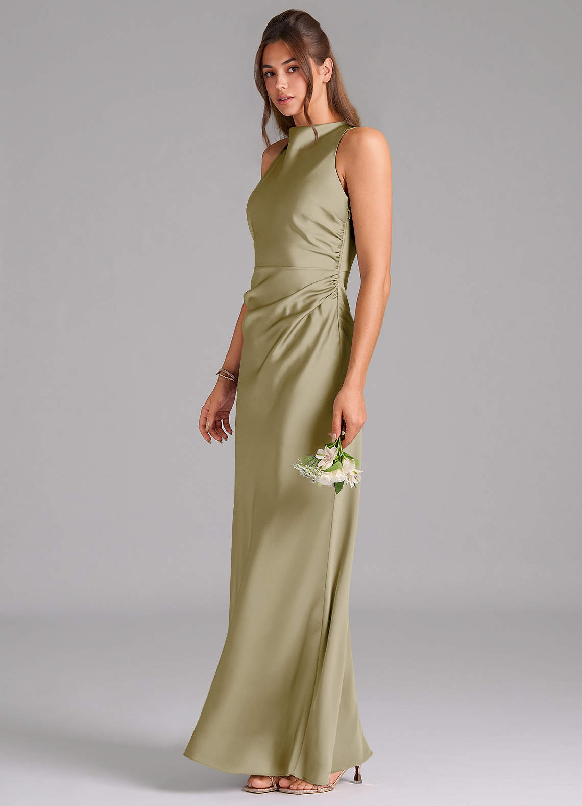 Evadne Sheath Scoop-Neck Stretch Satin Bridesmaid Dress in Moss Green