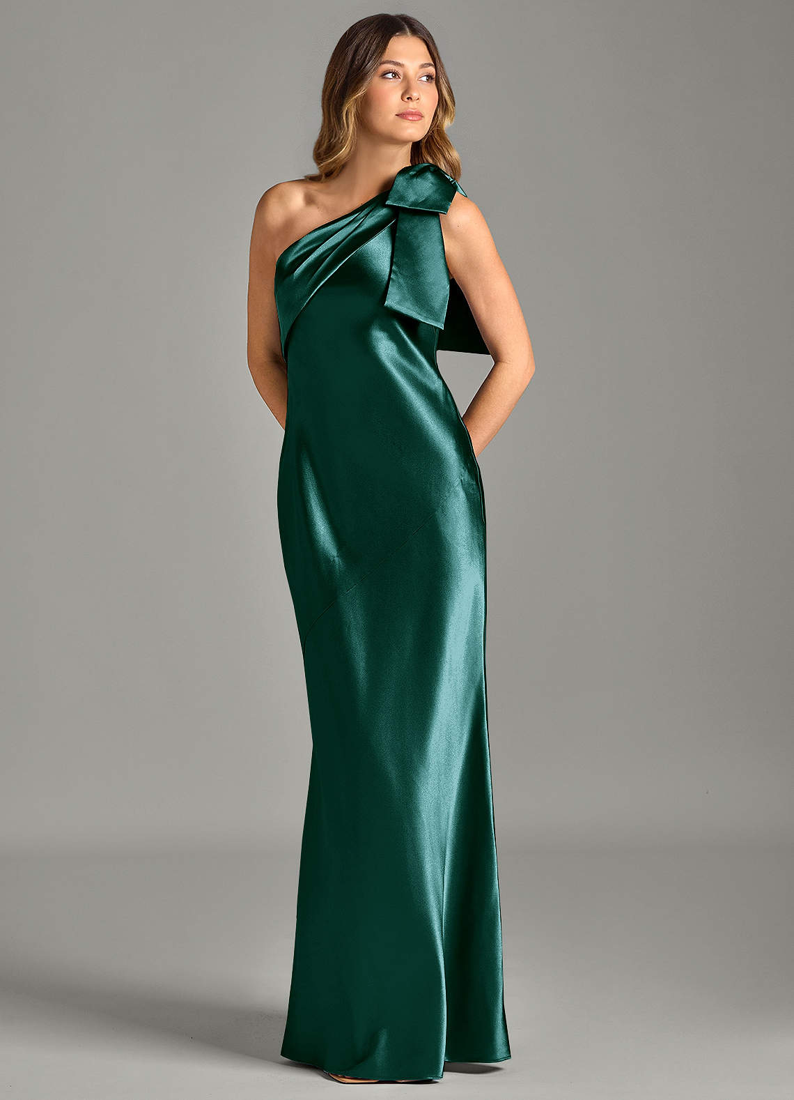 Yuanna Mermaid One-Shoulder Metallic Satin Bridesmaid Dress in Pine