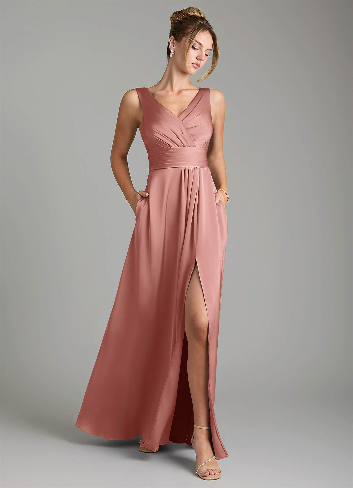Karina A-Line V-Neck Stretch Satin Bridesmaid Dress in Rosette