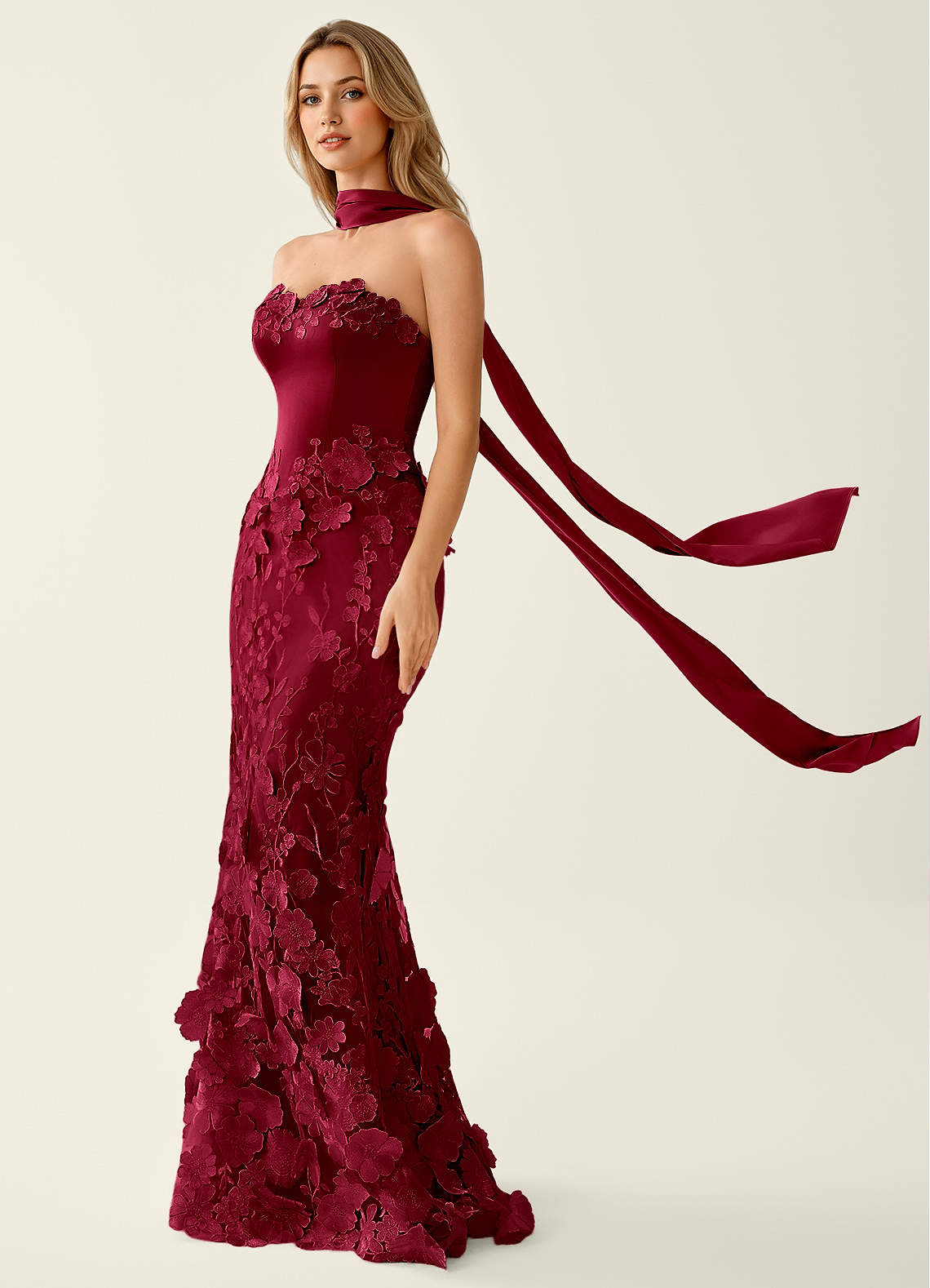 Wrensincia Mermaid Strapless Crystal Linen Satin Evening Dress in Burgundy