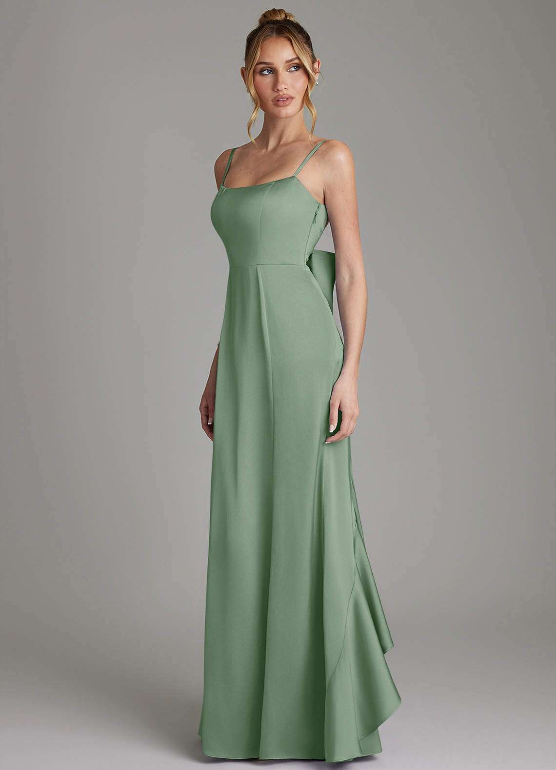 Zherra Mermaid Scoop-Neck Stretch Satin Bridesmaid Dress in Matcha