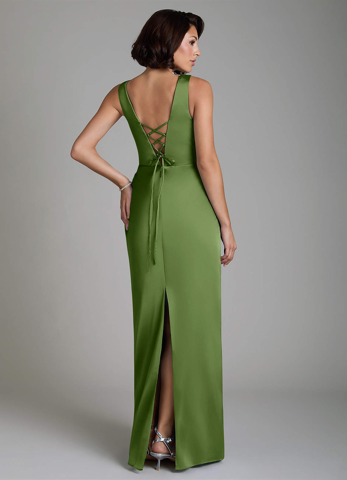 Vanya Sheath V-Neck Stretch Satin Bridesmaid Dress in Juniper