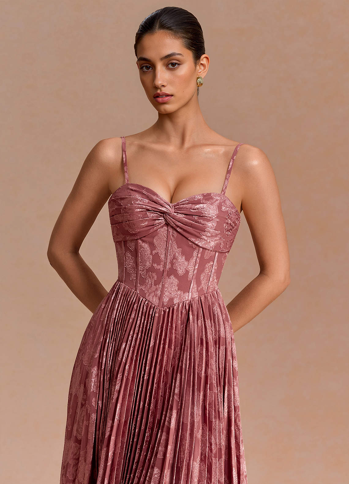 Delfina A-Line Twisted-Bust Fil Coupé Evening Dress in Vintage Rose